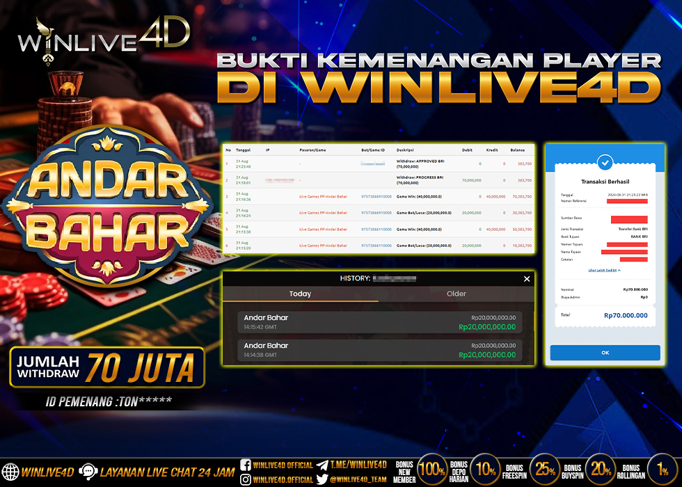 WINLIVE4D JACKPOT LIVE CASINO ANDAR BAHAR Rp.19.000.000.,- LUNAS