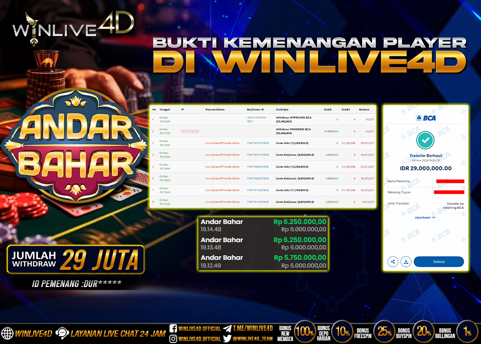 WINLIVE4D JACKPOT LIVE CASINO ANDAR BAHAR Rp.29.000.000.,- LUNAS