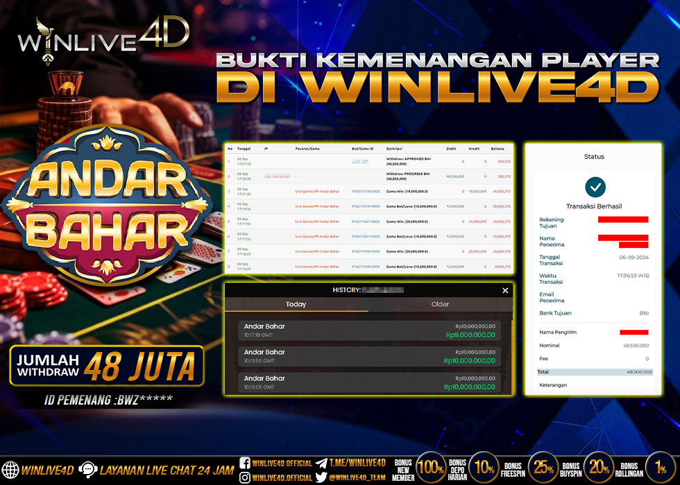 WINLIVE4D JACKPOT LIVE CASINO ANDAR BAHAR Rp.38.500.000.,- LUNAS