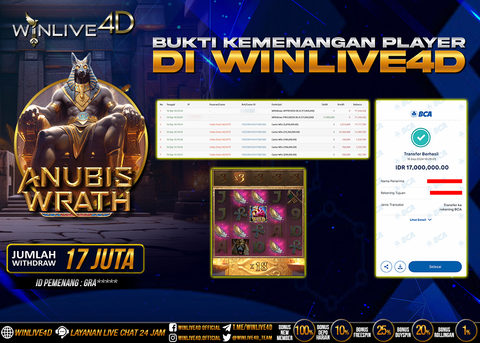 WINLIVE4D JACKPOT SLOT ANUBIS WRATH Rp.17.000.000.,- LUNAS