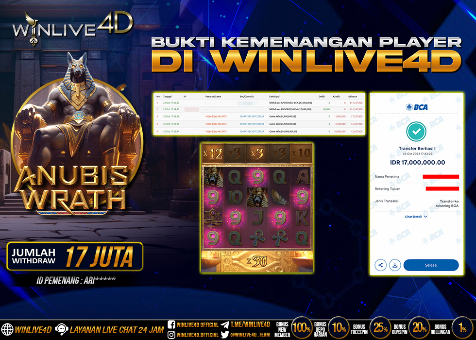 WINLIVE4D JACKPOT SLOT ANUBIS WRATH Rp.17.000.000.,- LUNAS