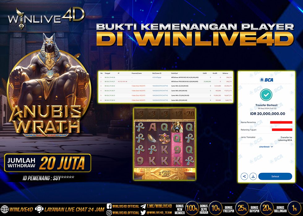 WINLIVE4D JACKPOT SLOT ANUBIS WRATH Rp.20.000.000.,- LUNAS