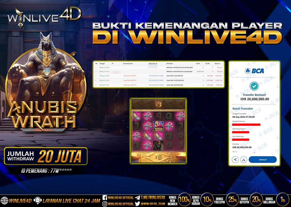 WINLIVE4D JACKPOT SLOT ANUBIS WRATH Rp.20.000.000.,- LUNAS
