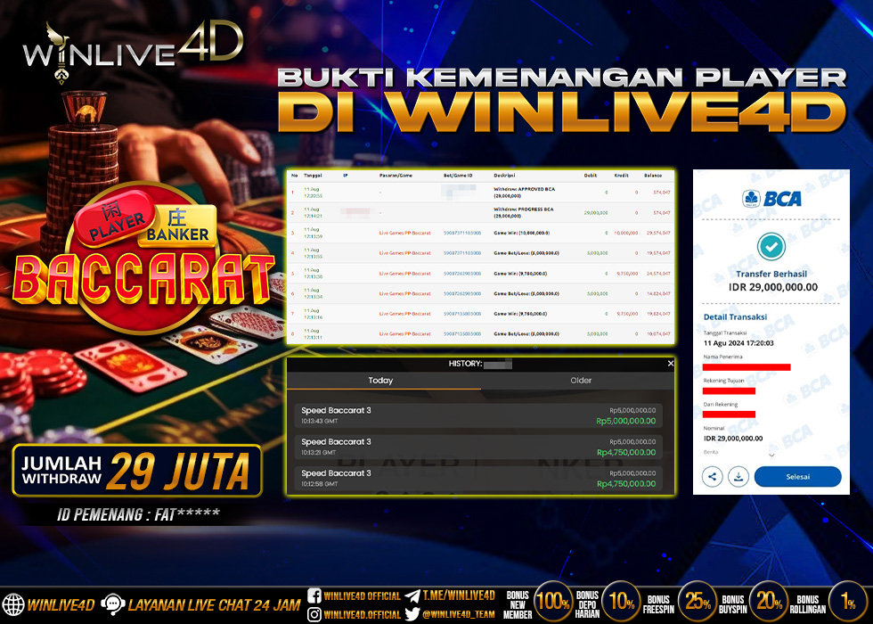 WINLIVE4D JACKPOT LIVE CASINO BACCARAT Rp.29.000.000.,- LUNAS