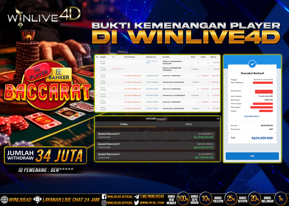 WINLIVE4D JACKPOT LIVE CASINO BACCARAT Rp.34.500.000.,- LUNAS