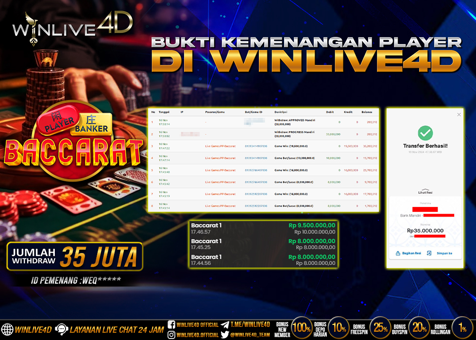 WINLIVE4D JACKPOT LIVE CASINO BACCARAT Rp.35.000.000.,- LUNAS