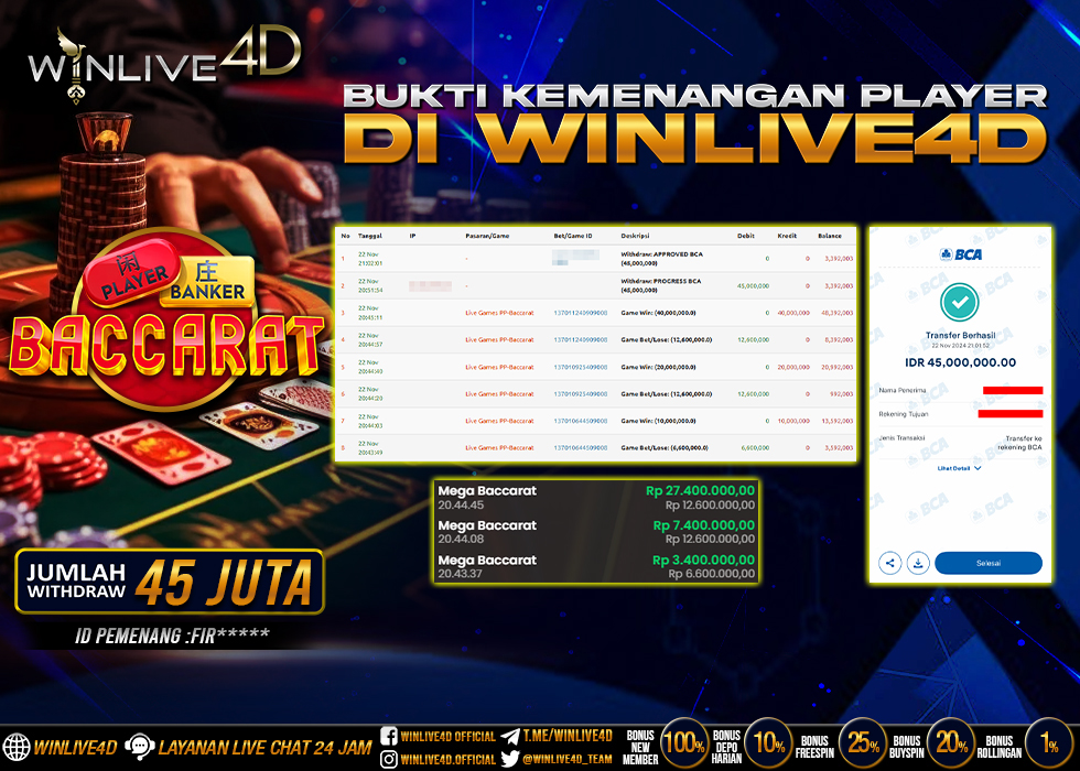WINLIVE4D JACKPOT LIVE CASINO BACCARAT Rp.45.000.000.,- LUNAS