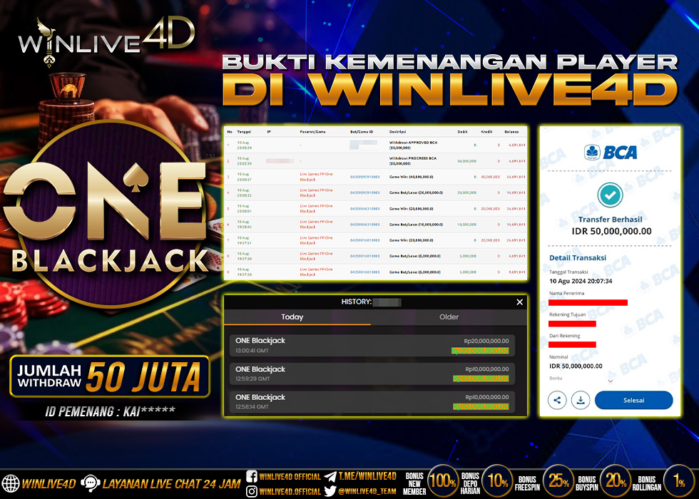 WINLIVE4D JACKPOT LIVE CASINO ONE BLACKJACK Rp.50.000.000.,- LUNAS