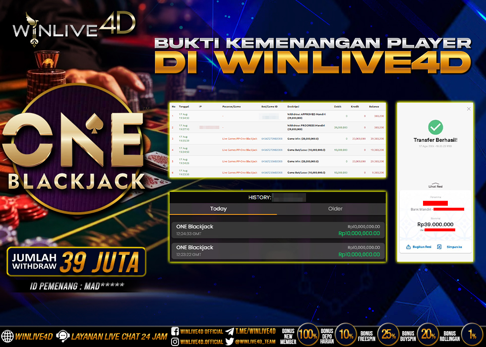 WINLIVE4D JACKPOT LIVE CASINO ONE BLACKJACK Rp.39.000.000.,- LUNAS
