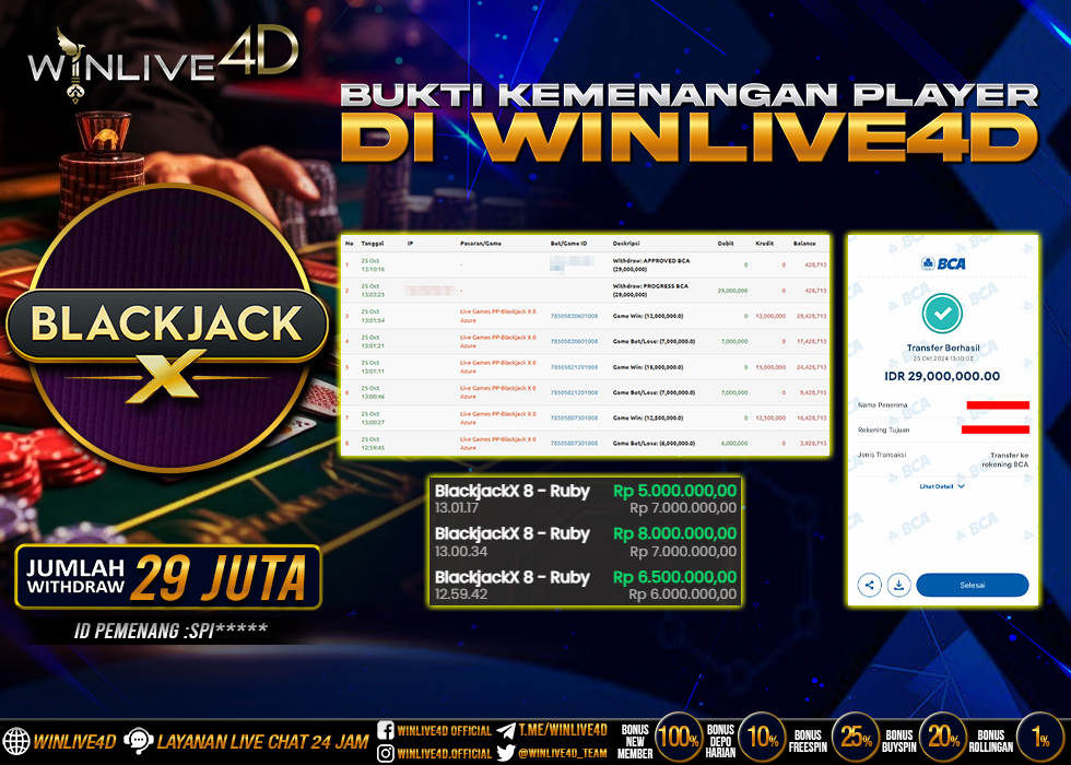 WINLIVE4D JACKPOT LIVE CASINO BLACKJACK Rp.29.000.000.,- LUNAS