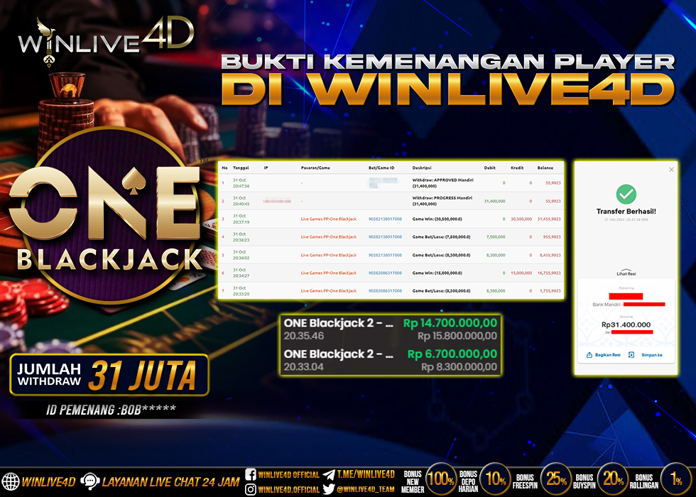 WINLIVE4D JACKPOT LIVE CASINO BLACKJACK Rp.31.400.000.,- LUNAS