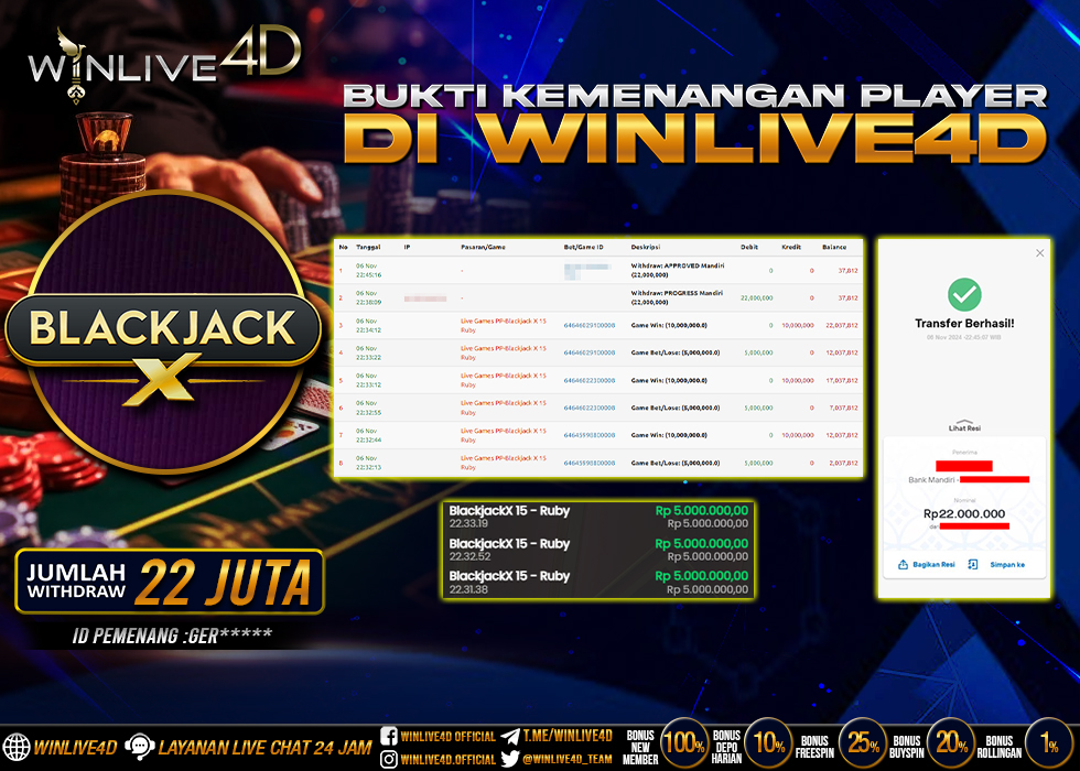 WINLIVE4D JACKPOT LIVE CASINO BLACKJACK Rp.22.000.000.,- LUNAS