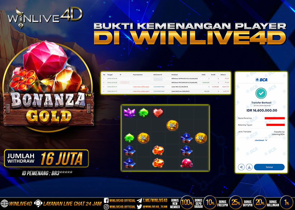 WINLIVE4D JACKPOT SLOT BONANZA GOLD Rp.16.600.000.,- LUNAS