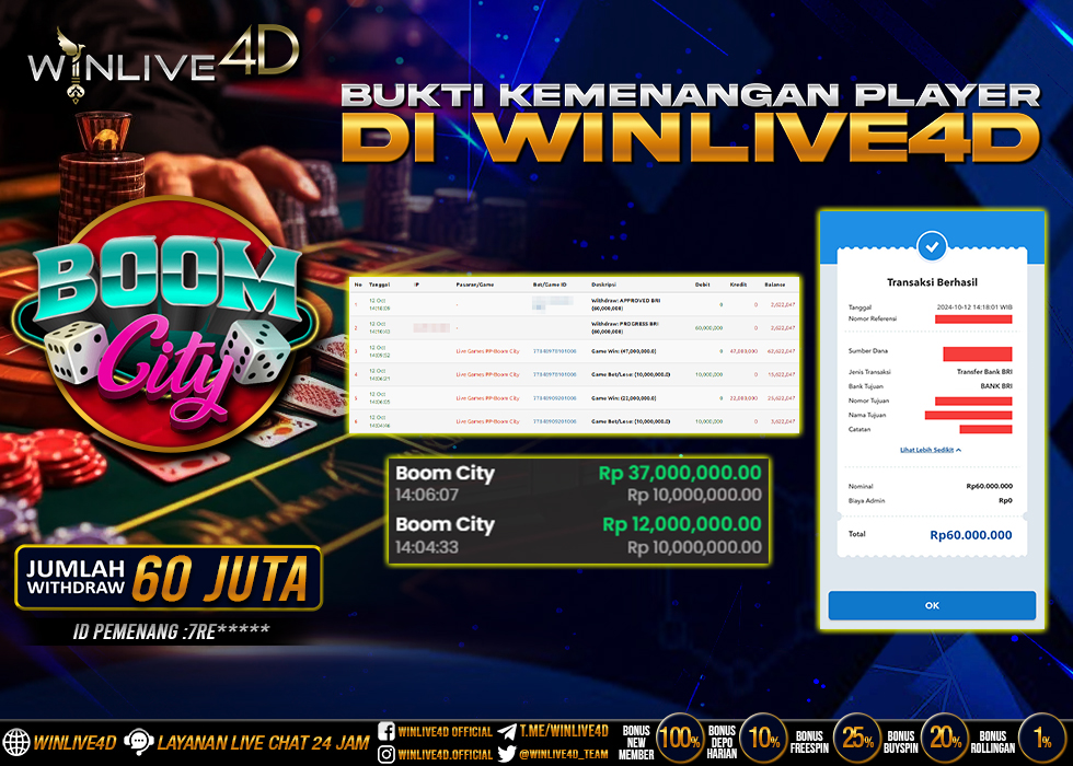 WINLIVE4D JACKPOT LIVE CASINO BOOM CITY Rp.60.000.000.,- LUNAS