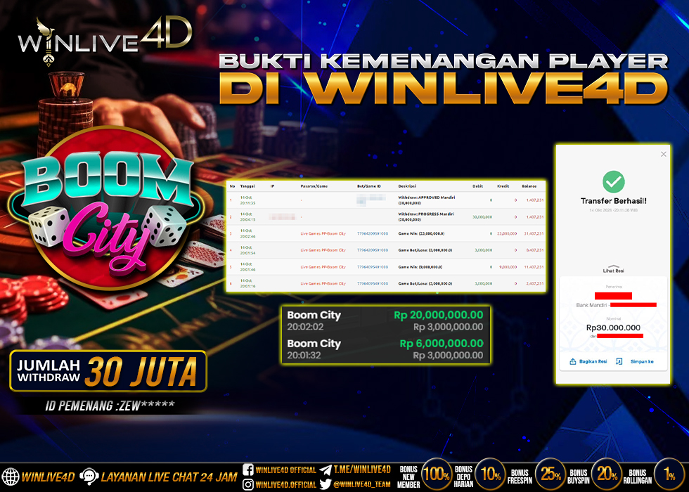 WINLIVE4D JACKPOT LIVE CASINO BOOM CITY Rp.30.000.000.,- LUNAS