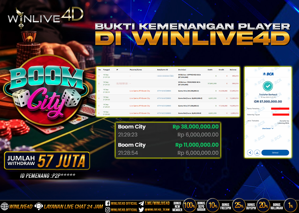 WINLIVE4D JACKPOT LIVE CASINO BOOM CITY Rp.57.000.000.,- LUNAS