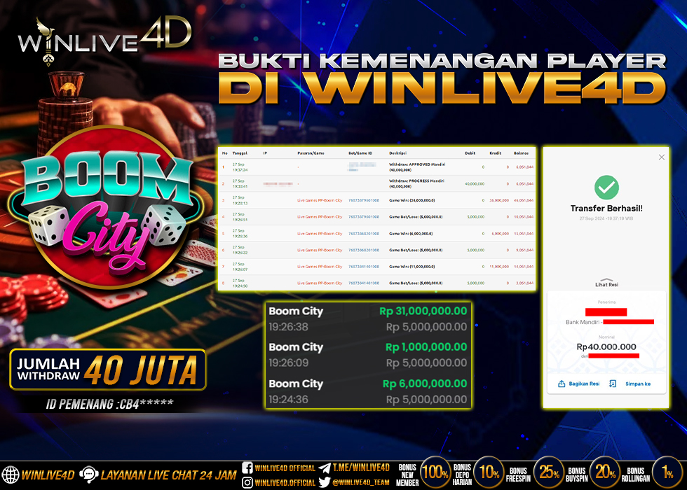 WINLIVE4D JACKPOT LIVE CASINO BOOM CITY Rp.40.000.000.,- LUNAS