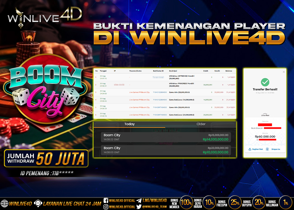 WINLIVE4D JACKPOT LIVE CASINO BOOM CITY Rp.50.000.000.,- LUNAS