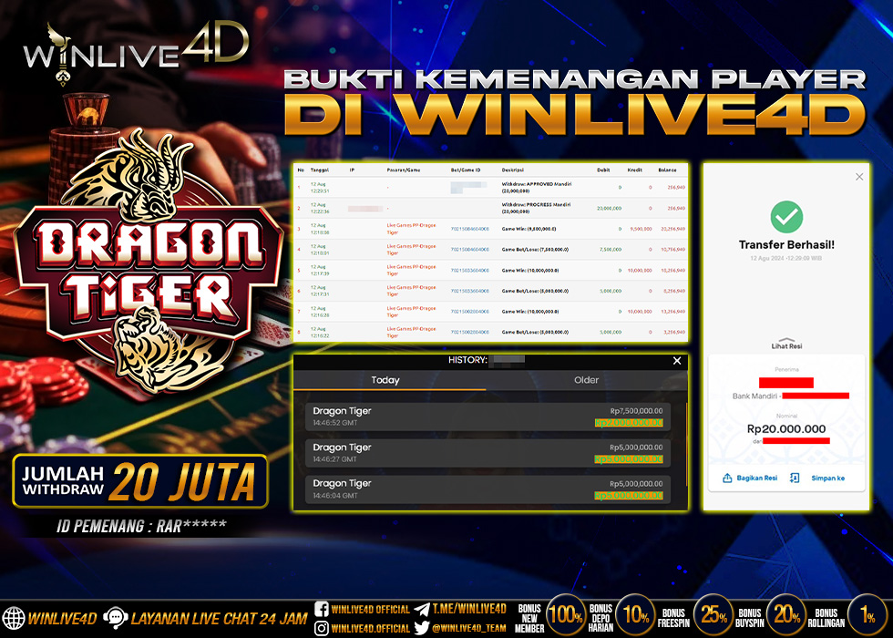 WINLIVE4D JACKPOT LIVE CASINO DRAGON TIGER Rp.20.000.000.,- LUNAS