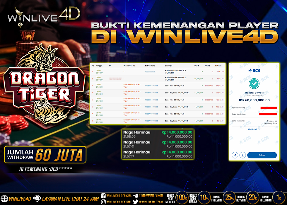 WINLIVE4D JACKPOT LIVE CASINO DRAGON TIGER Rp.60.000.000.,- LUNAS