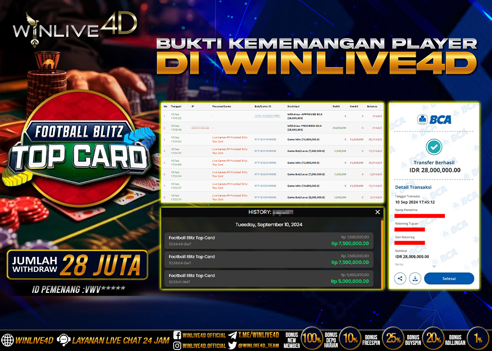 WINLIVE4D JACKPOT LIVE CASINO FOOTBALL BLITZ TOP CARD Rp.28.000.000.,- LUNAS