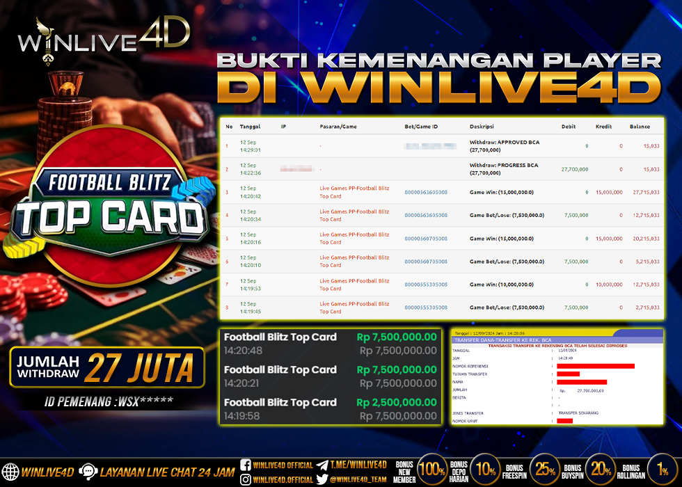 WINLIVE4D JACKPOT LIVE CASINO FOOTBALL BLITZ TOP CARD Rp.27.700.000.,- LUNAS