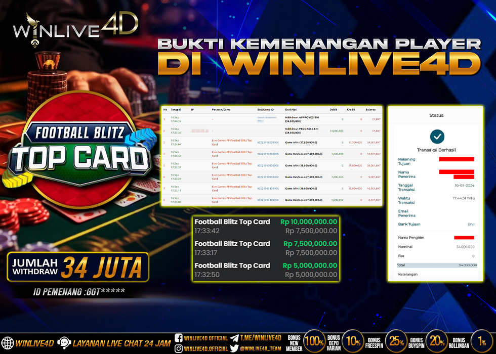 WINLIVE4D JACKPOT LIVE CASINO FOOTBALL BLITZ TOP CARD Rp.27.700.000.,- LUNAS