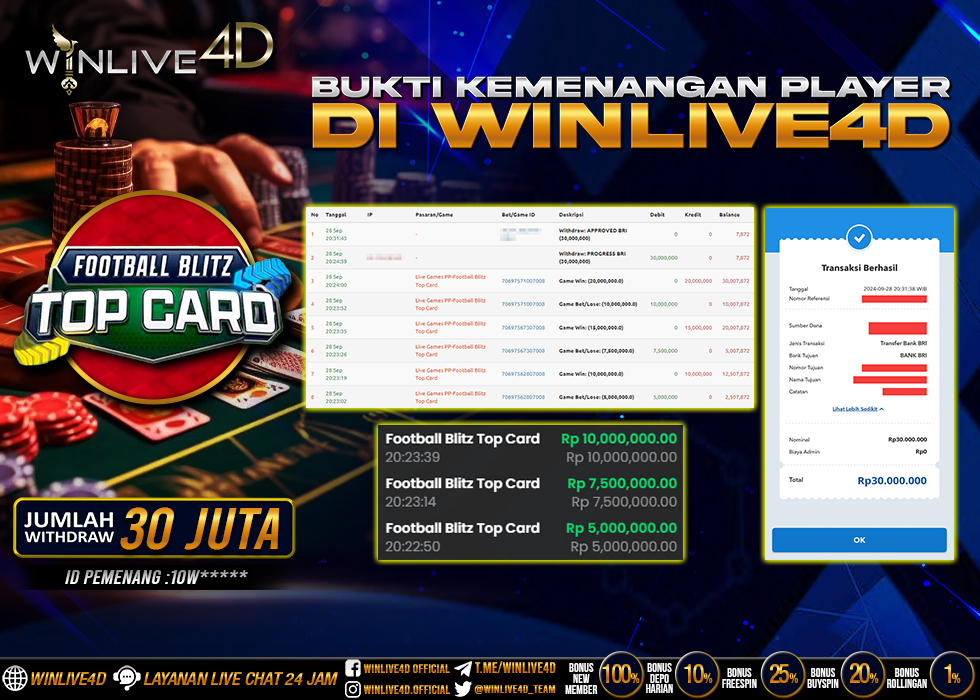 WINLIVE4D JACKPOT LIVE CASINO FOOTBALL BLITZ TOP CARD Rp.30.000.000.,- LUNAS