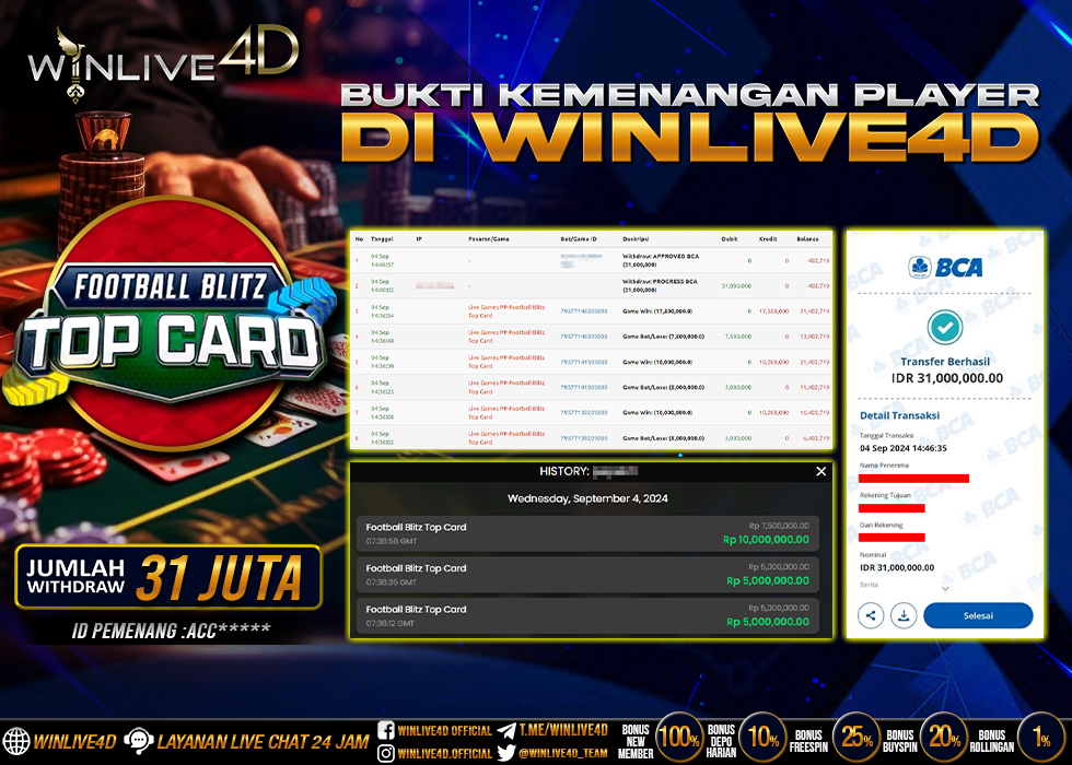 WINLIVE4D JACKPOT LIVE CASINO FOOTBALL BLITZ TOP CARD Rp.31.000.000.,- LUNAS
