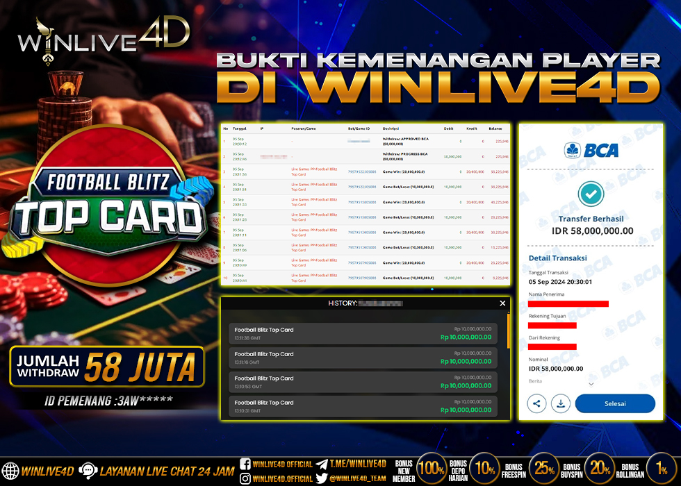 WINLIVE4D JACKPOT LIVE CASINO FOOTBALL BLITZ TOP CARD Rp.31.000.000.,- LUNAS
