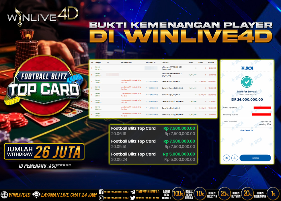 WINLIVE4D JACKPOT LIVE CASINO FOOTBALL BLITZ TOP CARD Rp.26.000.000.,- LUNAS