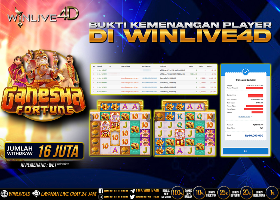 WINLIVE4D JACKPOT GANESHA FORTUNE Rp.10.000.000,- LUNAS