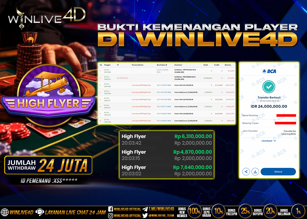 WINLIVE4D JACKPOT LIVE CASINO HIGH FLYER Rp.24.000.000.,- LUNAS