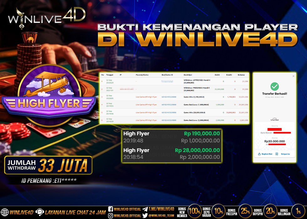 WINLIVE4D JACKPOT LIVE CASINO HIGH FLYER Rp.33.000.000.,- LUNAS