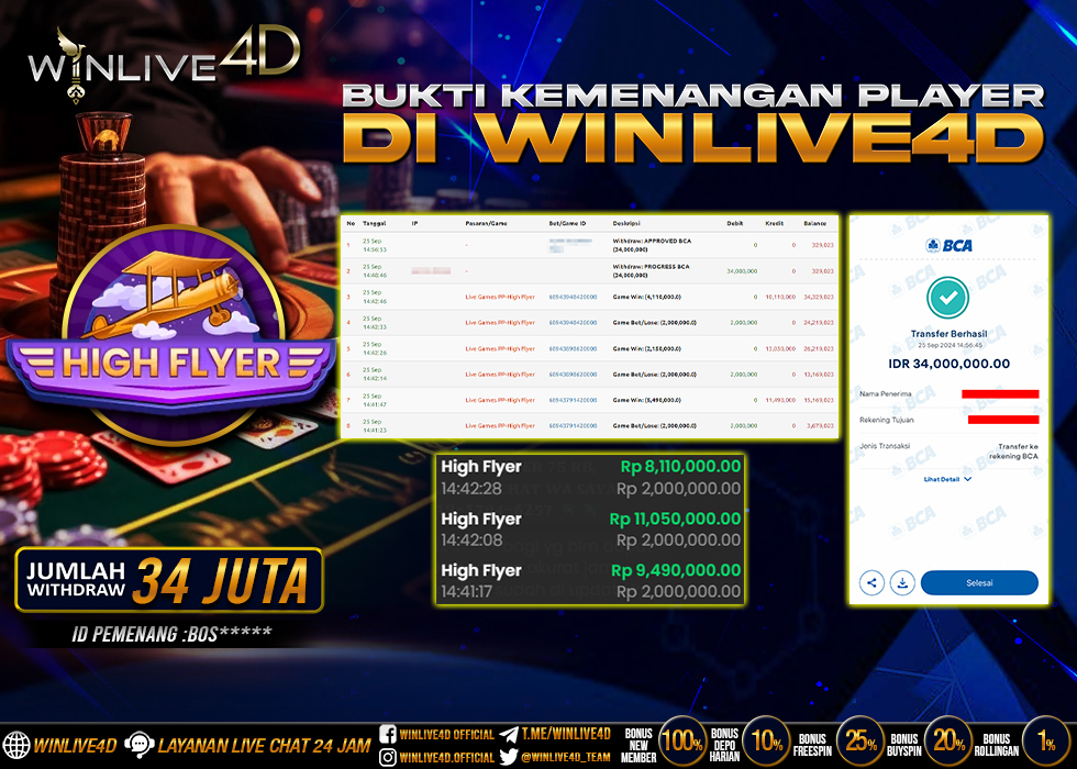 WINLIVE4D JACKPOT LIVE CASINO HIGH FLYER Rp.34.000.000.,- LUNAS