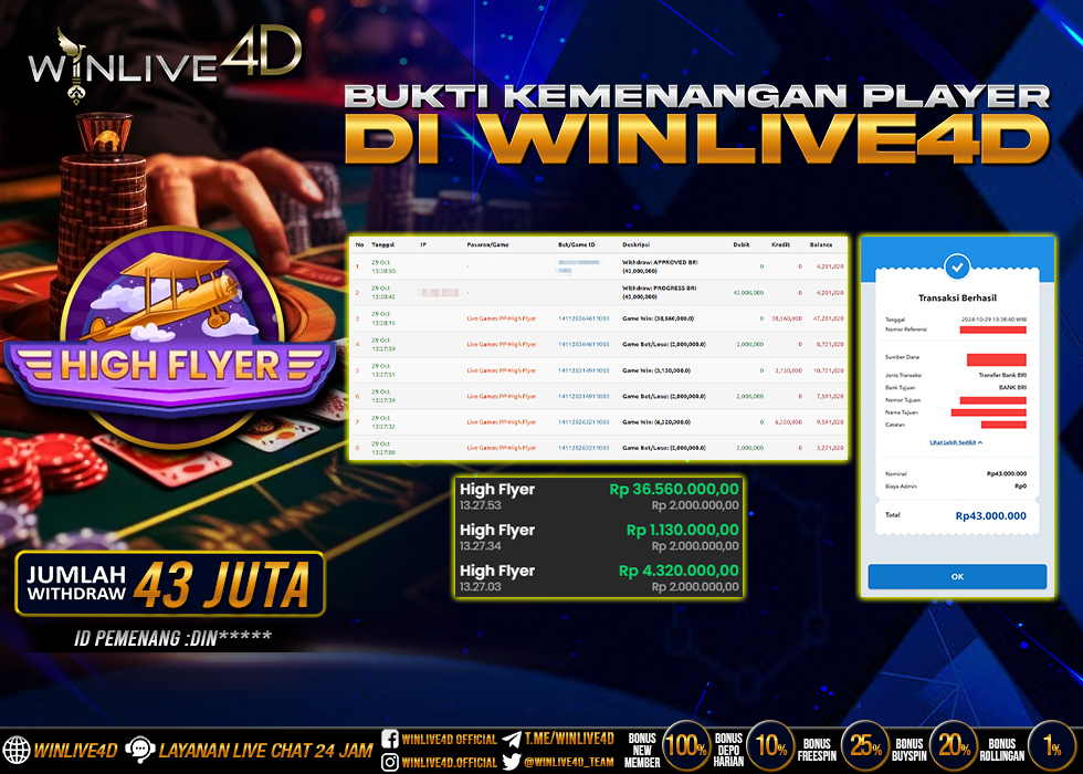 WINLIVE4D JACKPOT LIVE CASINO HIGH FLYER Rp.43.000.000.,- LUNAS