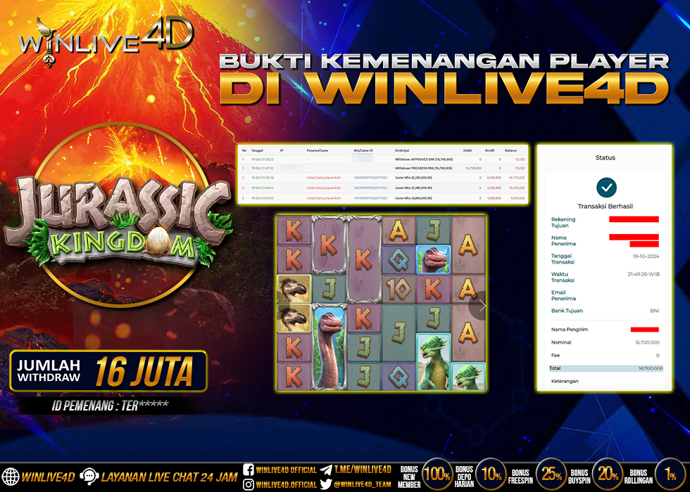 WINLIVE4D JACKPOT SLOT JURASSIC KINGDOM Rp.16.700.000.,- LUNAS