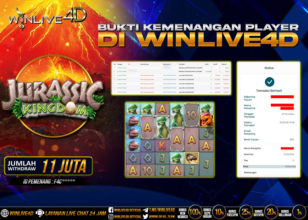 WINLIVE4D JACKPOT SLOT JURASSIC KINGDOM Rp.11.500.000.,- LUNAS