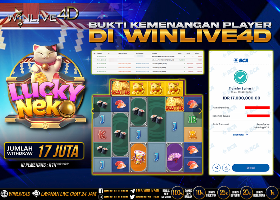 WINLIVE4D JACKPOT SLOT LUCKY NEKO Rp.17.000.000.,- LUNAS