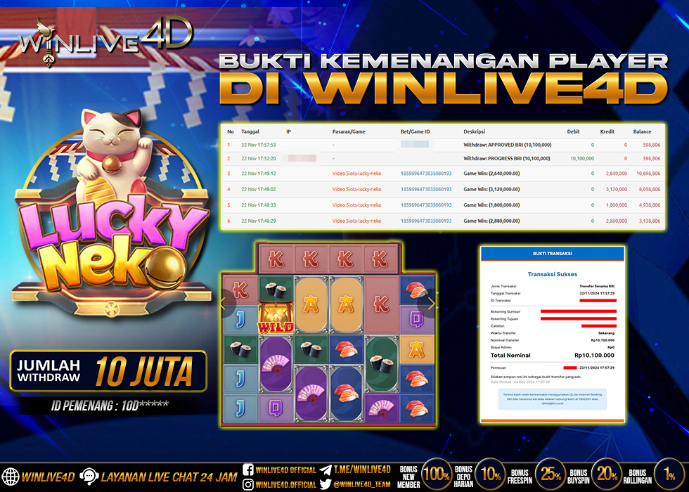 WINLIVE4D JACKPOT SLOT LUCKY NEKO Rp.17.000.000.,- LUNAS