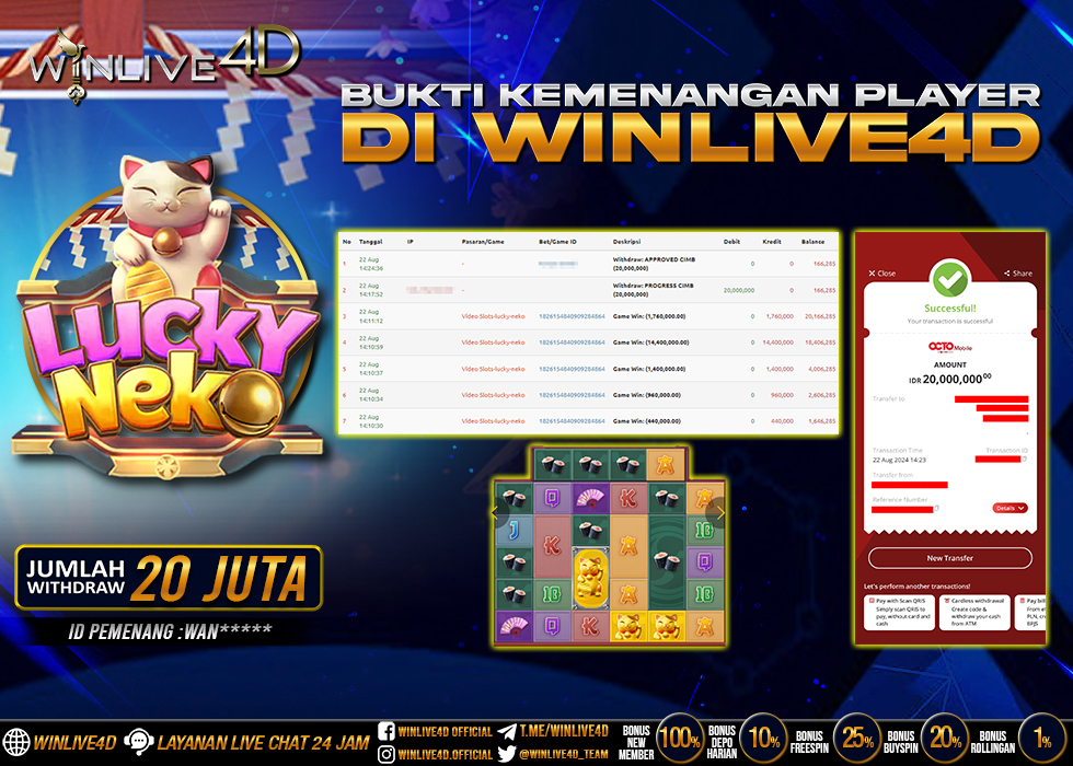 WINLIVE4D JACKPOT SLOT LUCKY NEKO Rp.20.000.000.,- LUNAS
