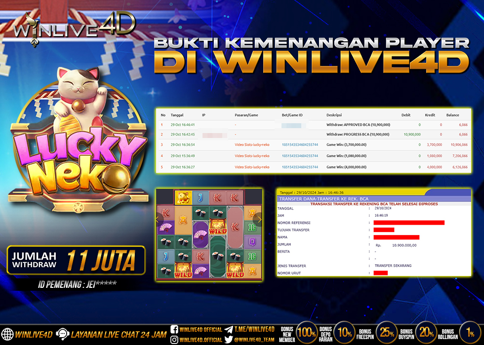 WINLIVE4D JACKPOT SLOT LUCKY NEKO Rp.10.900.000.,- LUNAS