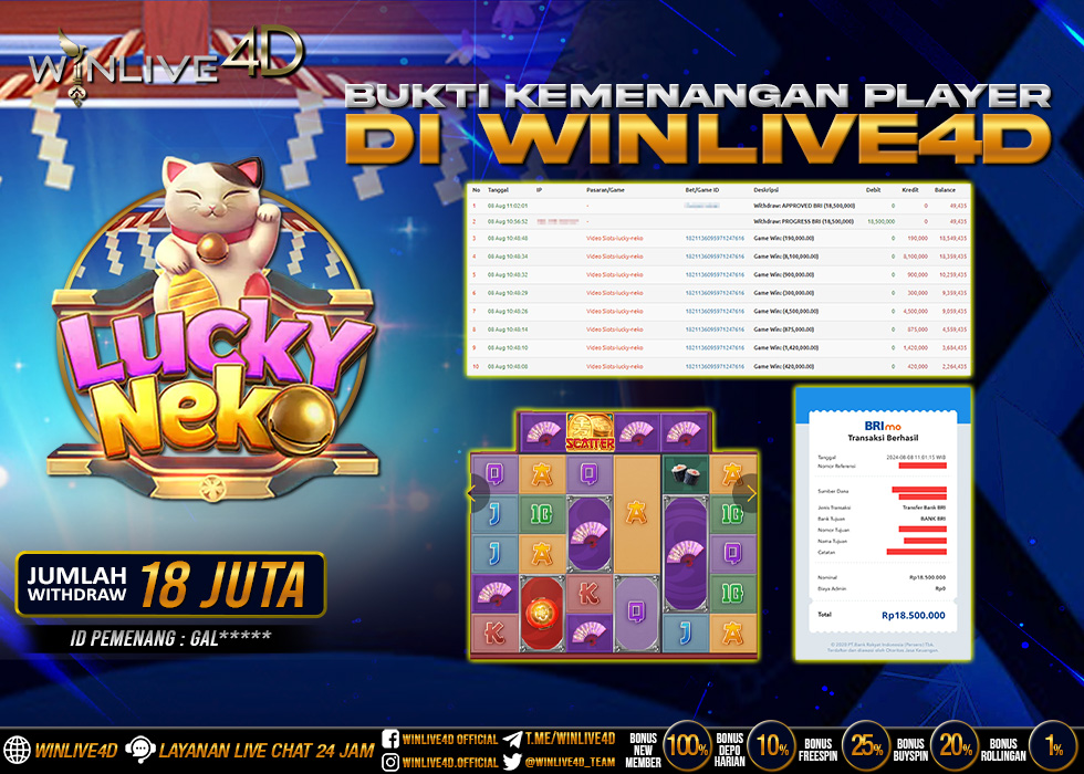 WINLIVE4D JACKPOT SLOT LUCKY NEKO Rp.18.000.000.,- LUNAS