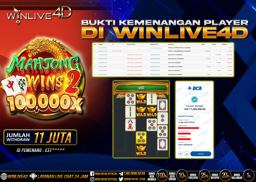 WINLIVE4D JACKPOT SLOT MAHJONG WINS 2 100.000X Rp.11.600.000.,- LUNAS