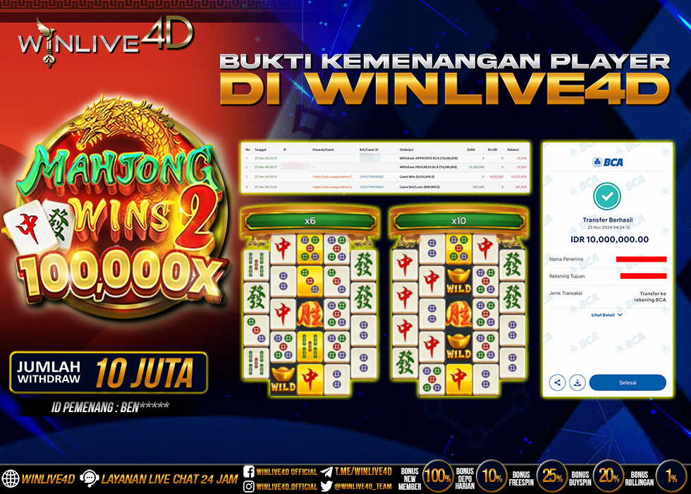 WINLIVE4D JACKPOT SLOT MAHJONG WINS 2 RP.10.000.000.,- LUNAS