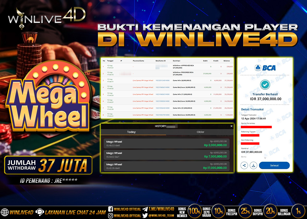 WINLIVE4D JACKPOT LIVE CASINO MEGA WHEEL Rp.37.000.000.,- LUNAS