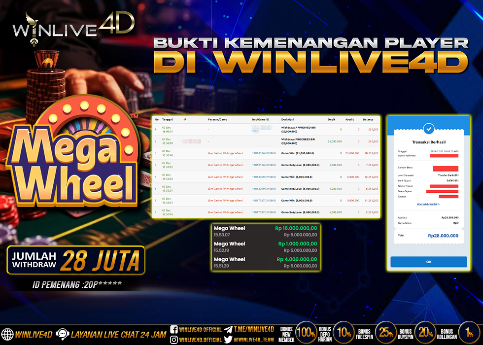 WINLIVE4D JACKPOT LIVE CASINO MEGA WHEEL Rp.28.000.000.,- LUNAS