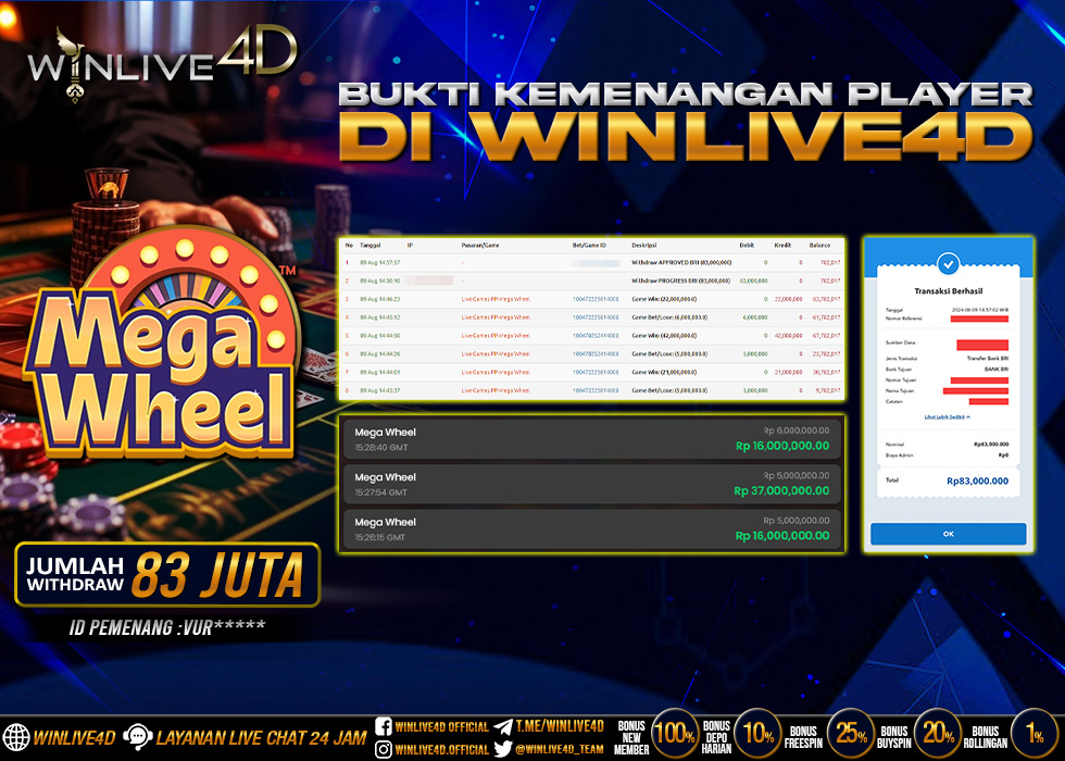 WINLIVE4D JACKPOT LIVE CASINO MEGA WHEEL Rp.83.000.000.,- LUNAS