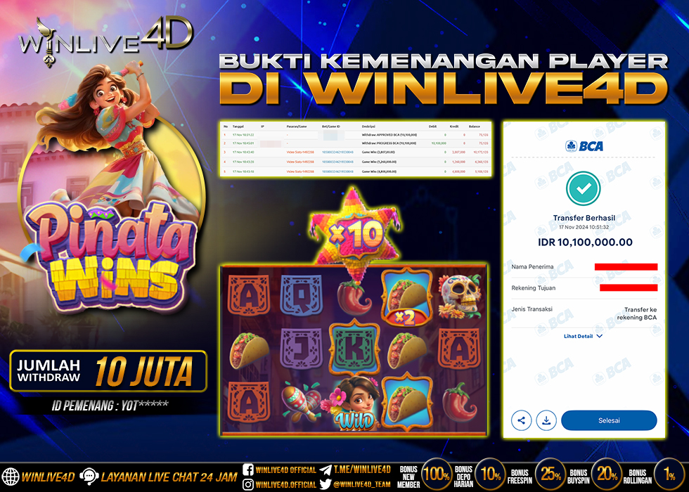WINLIVE4D JACKPOT SLOT PINATA WINS Rp.10.100.000.,- LUNAS