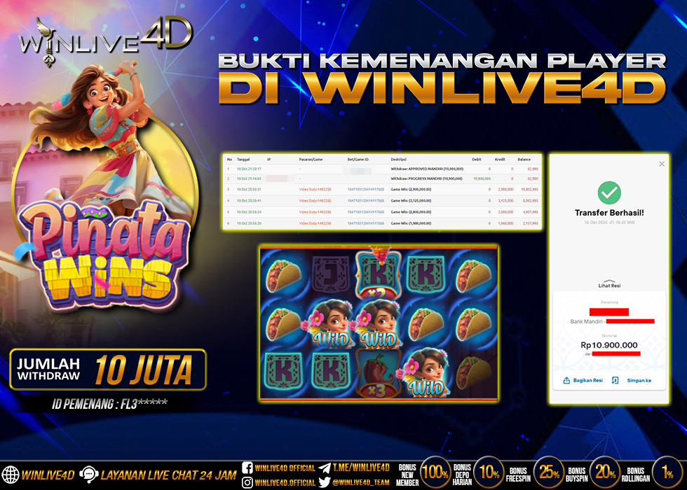 WINLIVE4D JACKPOT SLOT PINATA WINS Rp.10.900.000.,- LUNAS
